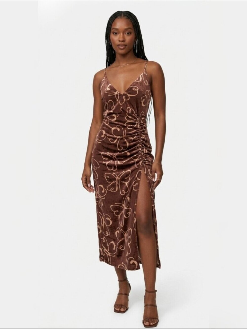 Urban Outfitters Brown & Cream Plunged Neckline Midi Dress